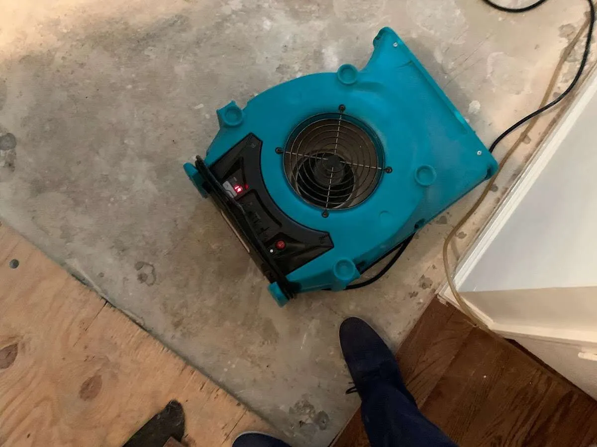 Air mover drying subfloor during Leak Detection & Repair in Pikesville